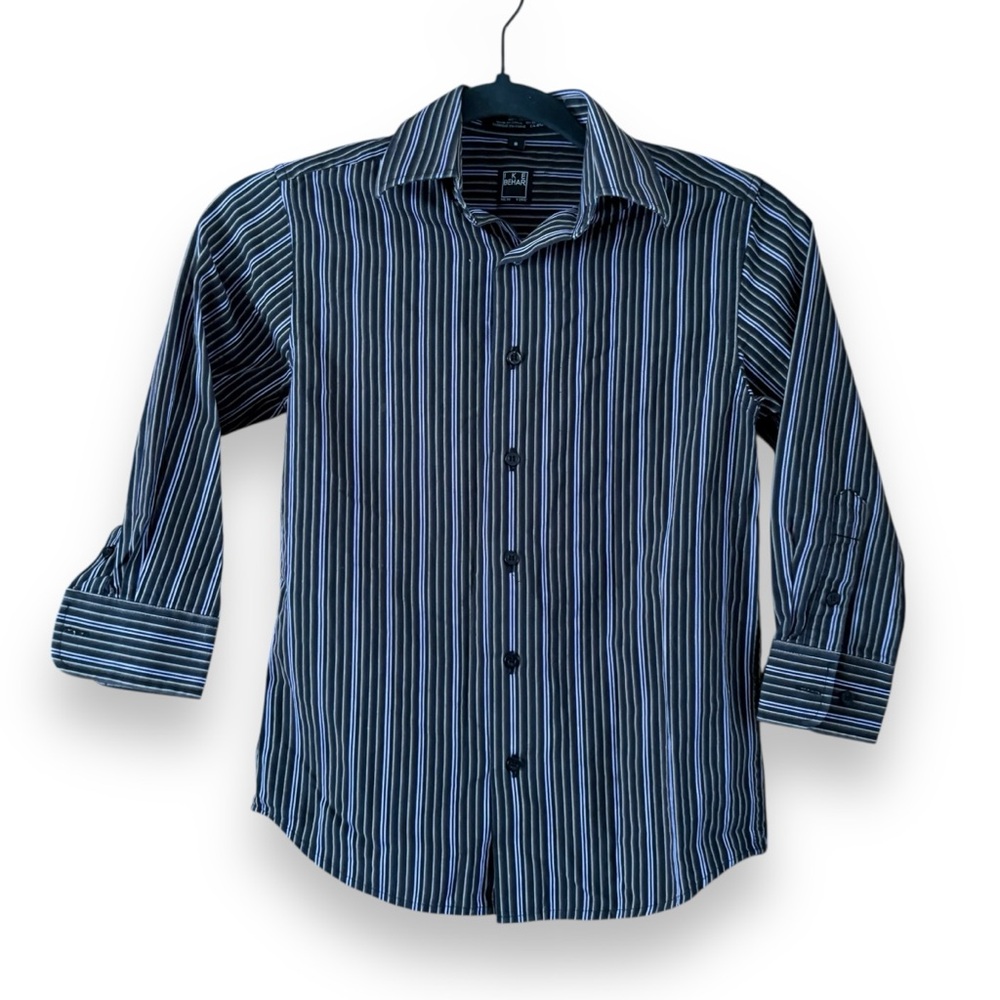 Ike Behar Boys Stripe Button Up Dress Shirt Size 8 Purple Brown Black White